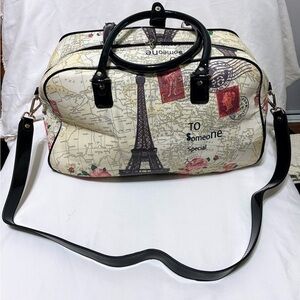 Paris Over Night Travel Bag with a map print, Eiffel Tower & floral accents.